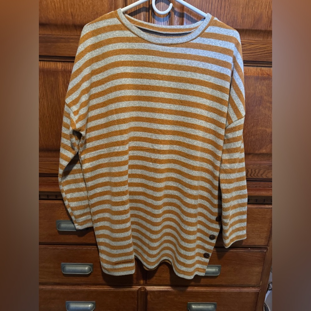 Simply Southern Striped Side Button Sweater Size L Camel/Gray Soft Casual Top - Picture 2 of 7
